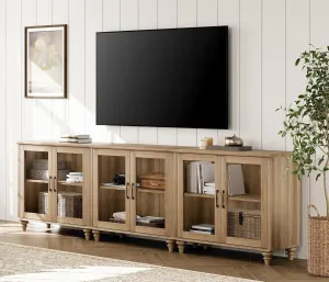 WAMPAT 100 Inch TV Stand with Glass Door, Wood TV Cabinet Entertainment Center for 75/80/85 Inch TV, 3-in-1 Kitchen Buffet Cabinet with 6 Storage Cabinets for Dining Room & Living Room, Oak