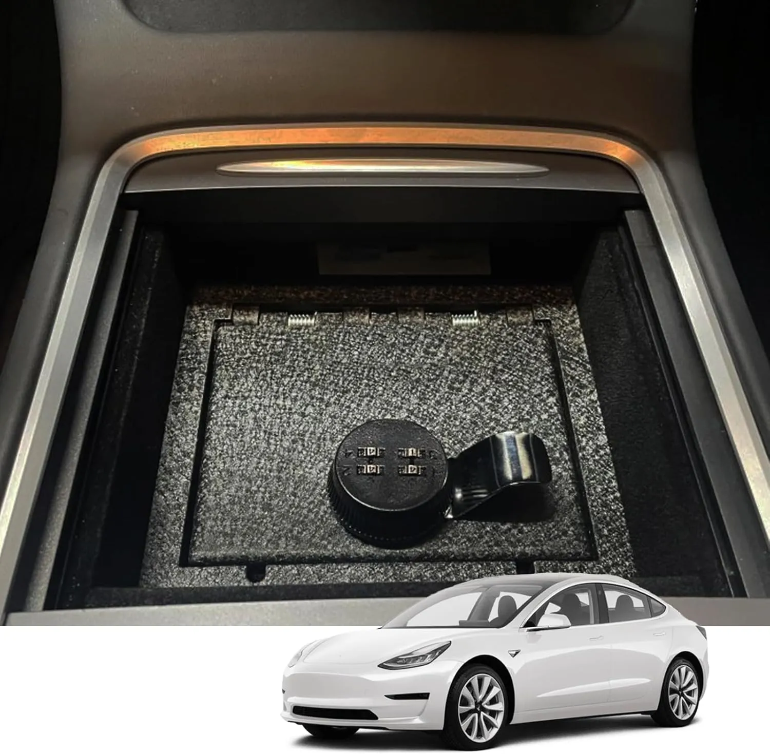 WASAI Console Safe Gun Safe for Car, Premium in-Vehicle Console Gun Vault Lockbox Compatible with Tesla Model Y 2021-2024, Model 3 2021-2023, 4-Digit Combination Lock.