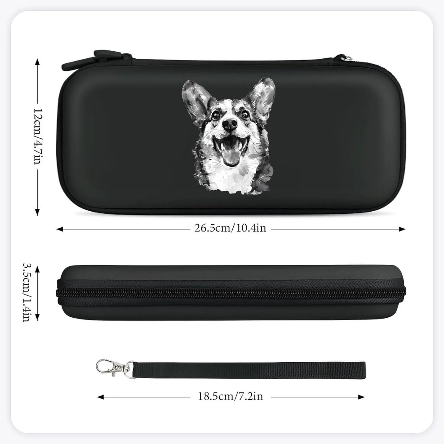 Watercolor Corgi Dog Black and White Hard Shell Travel Case with Rope 15 Game Card Pockets Compatible with Switch Protective