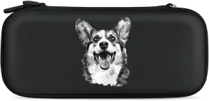 Watercolor Corgi Dog Black and White Hard Shell Travel Case with Rope 15 Game Card Pockets Compatible with Switch Protective
