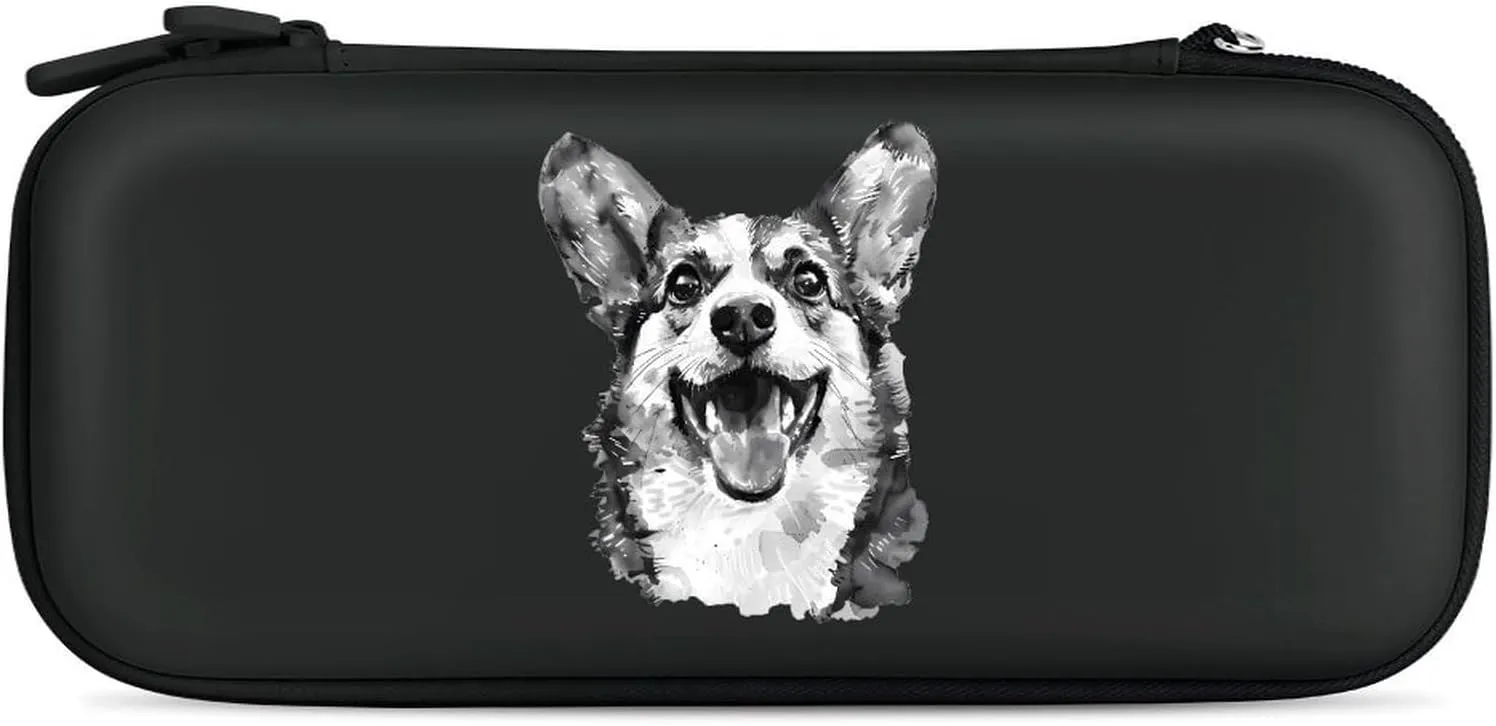 Watercolor Corgi Dog Black and White Hard Shell Travel Case with Rope 15 Game Card Pockets Compatible with Switch Protective