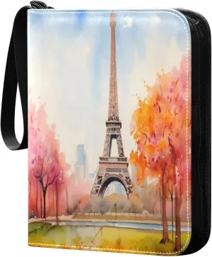 Watercolor Painting French Card Binder with 50 Removable Page Sleeves PU Leather Collectible Trading Card Albums Book with Zipper for Games Card,Baseball Cards