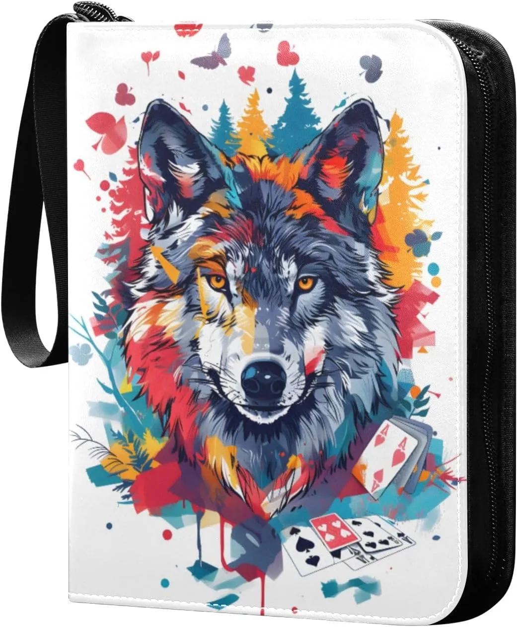 Watercolor Wolf Painting Colorful Card Binder 4 Pocket Trading Card Binder Portable Cards Collection Book with Zipper