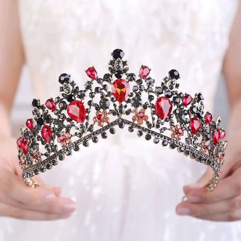 Wedding Crown Crystal Rhinestone Tiara Red Bridal Princess Tiara Headbands Hair Accessories for Bride Party Bridesmaids Birthday Prom Halloween Costume Cosplay Gifts(Black and Red)