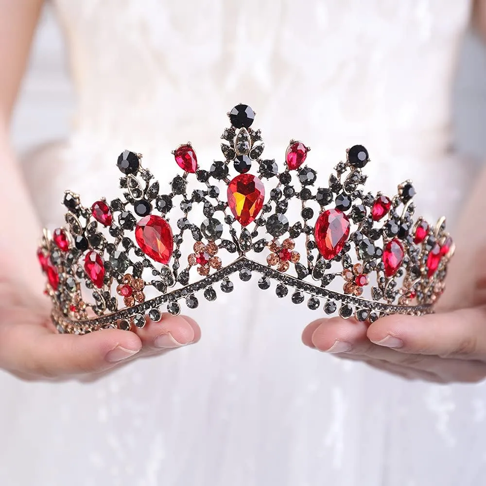 Wedding Crown Crystal Rhinestone Tiara Red Bridal Princess Tiara Headbands Hair Accessories for Bride Party Bridesmaids Birthday Prom Halloween Costume Cosplay Gifts(Black and Red)