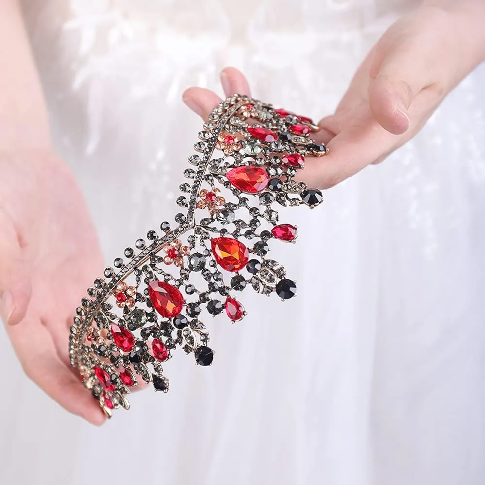 Wedding Crown Crystal Rhinestone Tiara Red Bridal Princess Tiara Headbands Hair Accessories for Bride Party Bridesmaids Birthday Prom Halloween Costume Cosplay Gifts(Black and Red)