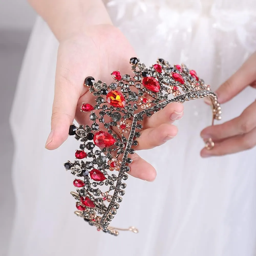 Wedding Crown Crystal Rhinestone Tiara Red Bridal Princess Tiara Headbands Hair Accessories for Bride Party Bridesmaids Birthday Prom Halloween Costume Cosplay Gifts(Black and Red)