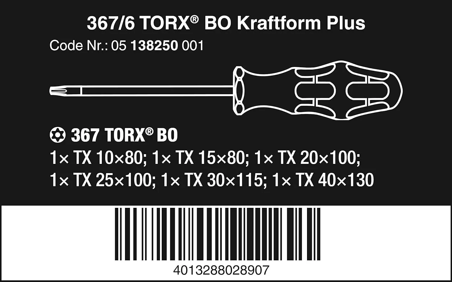 Wera 05138250001 Kraftform Plus 367/6 Torx BO Safety Screwdriver Set and Rack, With Bore Hole, 6-Piece