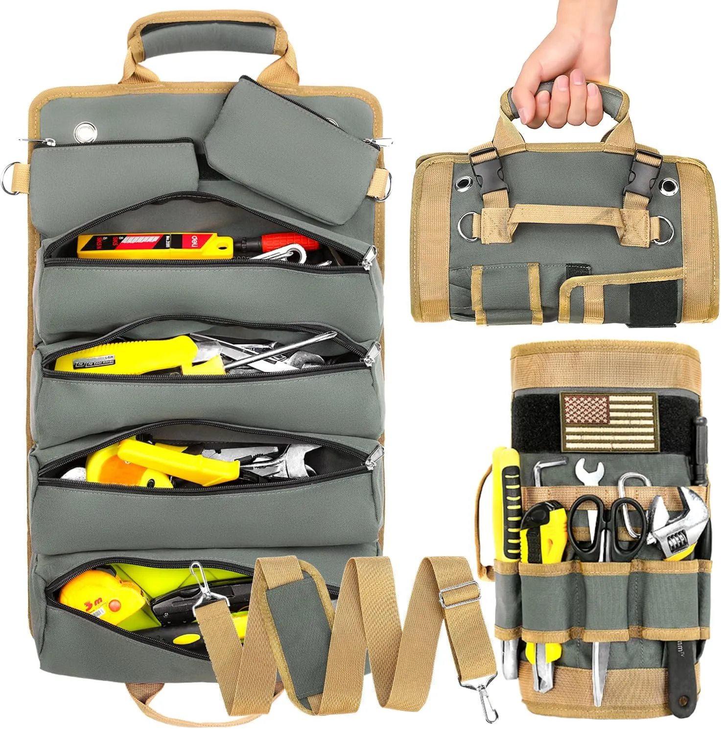 WEREWOLVES Tool Bag Organizer with 2 Detachable Tool Pouch, Multifunctional Waterproof Tool Roll Organizer, Multi-pocket Tool Bag for Motorcycle/Truck/Electrician/Mechanic
