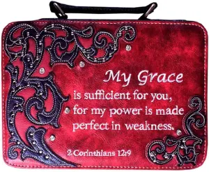 Western Style Embroidery Scripture Women Rhinestone Bible Cover Book Case Crossbody Handbag (Red)