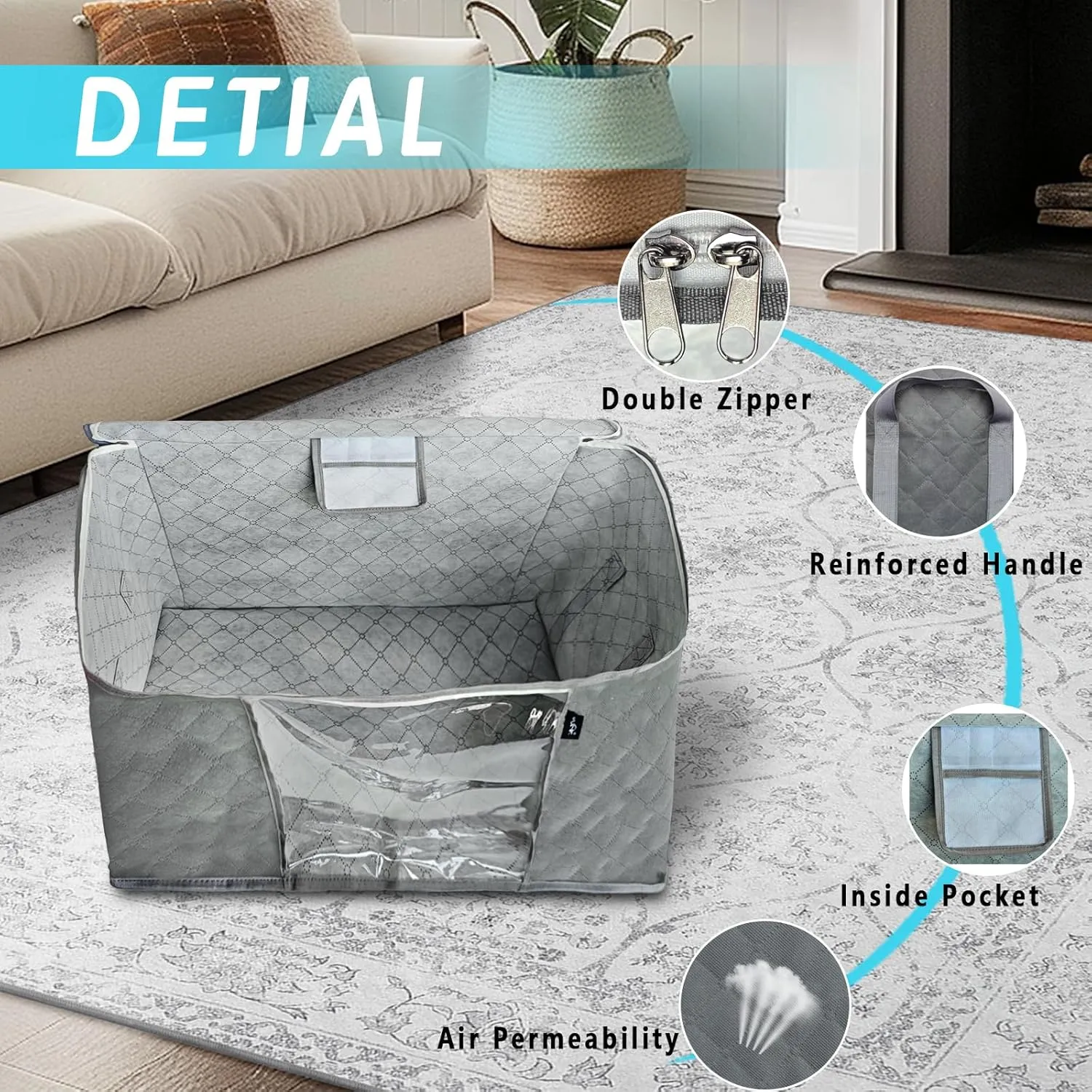 WFK handbag 4-piece set, foldable thick fabric storage bag, used for organizing bedrooms, wardrobes, and wardrobes; Can store clothes, blankets, plush toys, gray