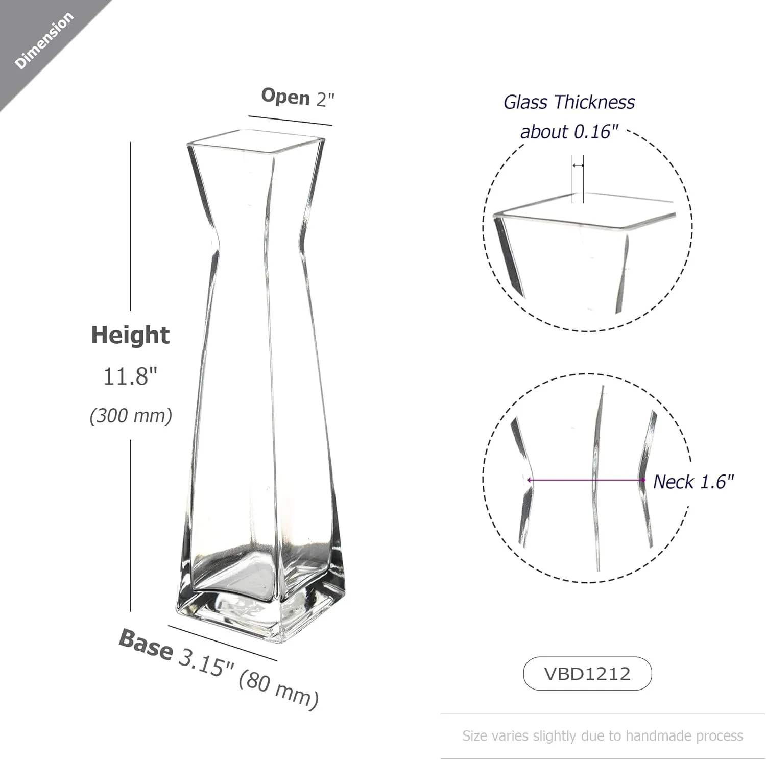 WGV Gathering Bud Vase, Width 3", Height 12", Clear Tall Square Block Concaved Glass Floral Container Centerpiece Planter for Wedding Party Event Home Office Decor, 1 Piece