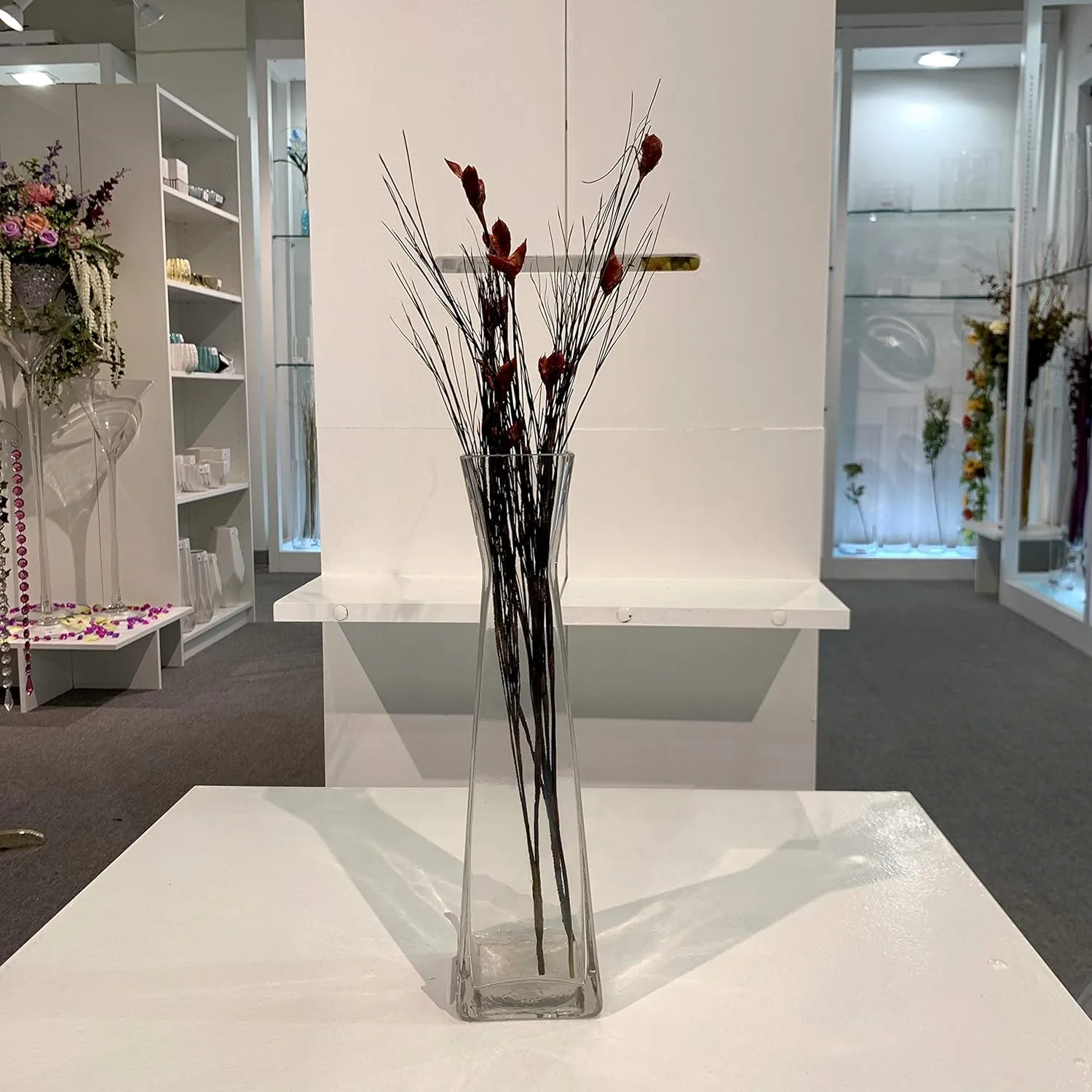 WGV Gathering Bud Vase, Width 3", Height 12", Clear Tall Square Block Concaved Glass Floral Container Centerpiece Planter for Wedding Party Event Home Office Decor, 1 Piece