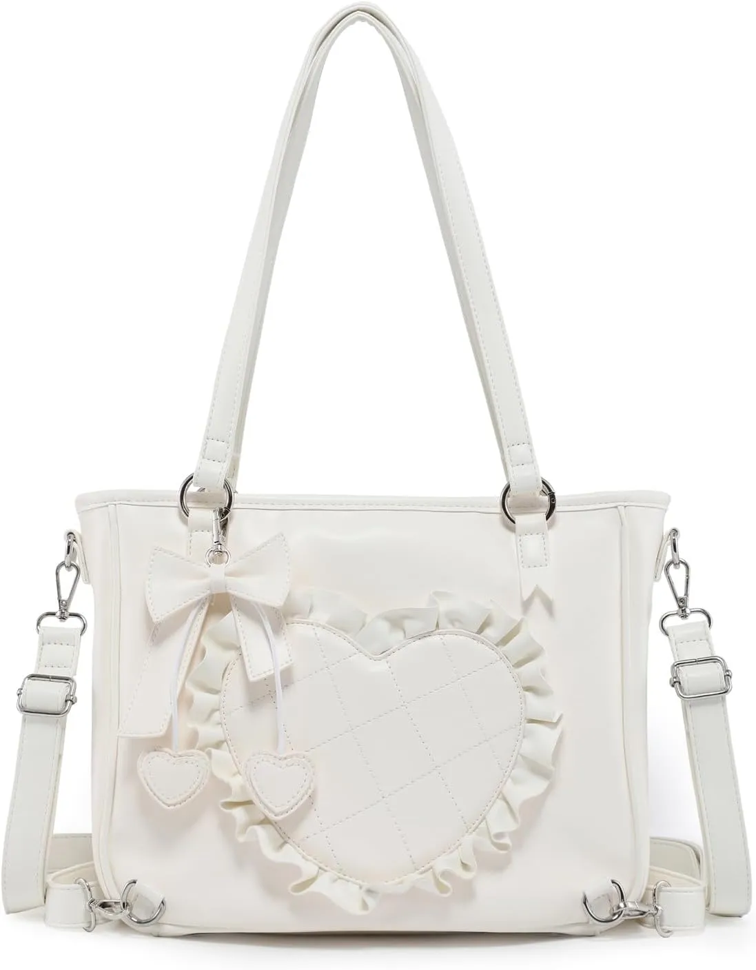 White Cartoon Women's Tote Handbag with Pin Display, 8 x 11.5 x 1 inches