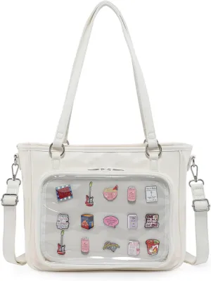 White Cartoon Women's Tote Handbag with Pin Display, 8 x 11.5 x 1 inches