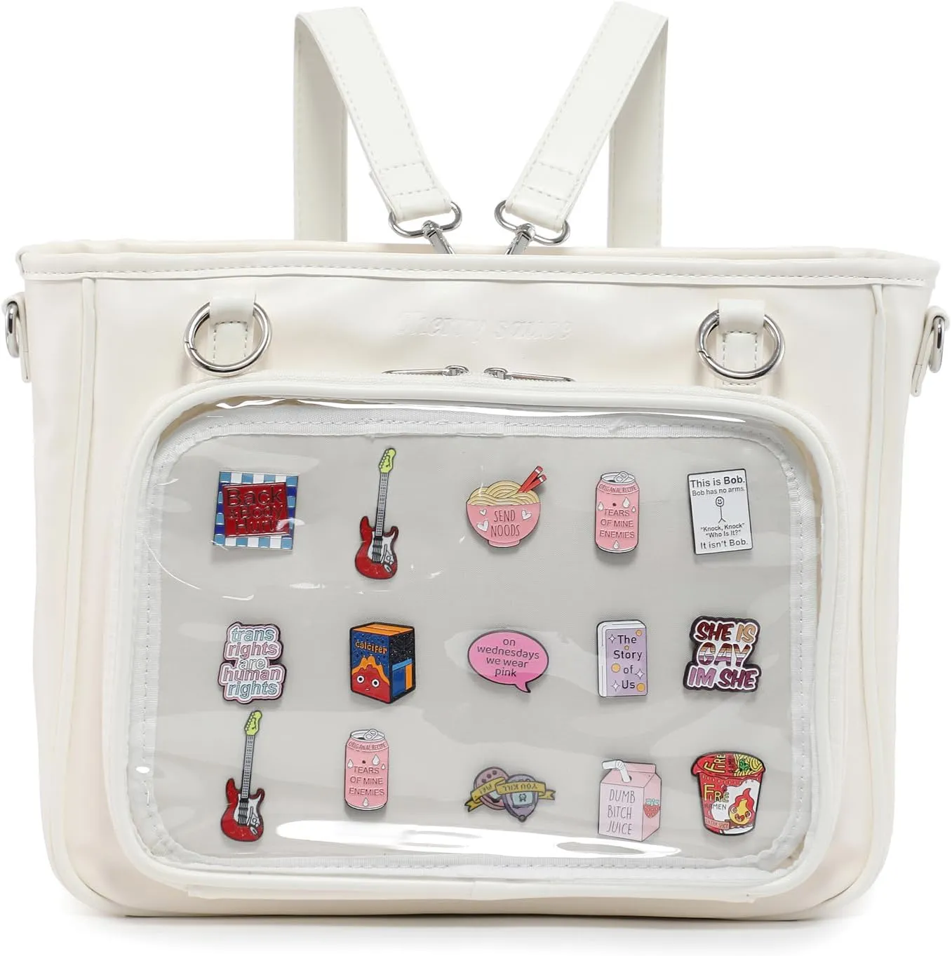 White Cartoon Women's Tote Handbag with Pin Display, 8 x 11.5 x 1 inches