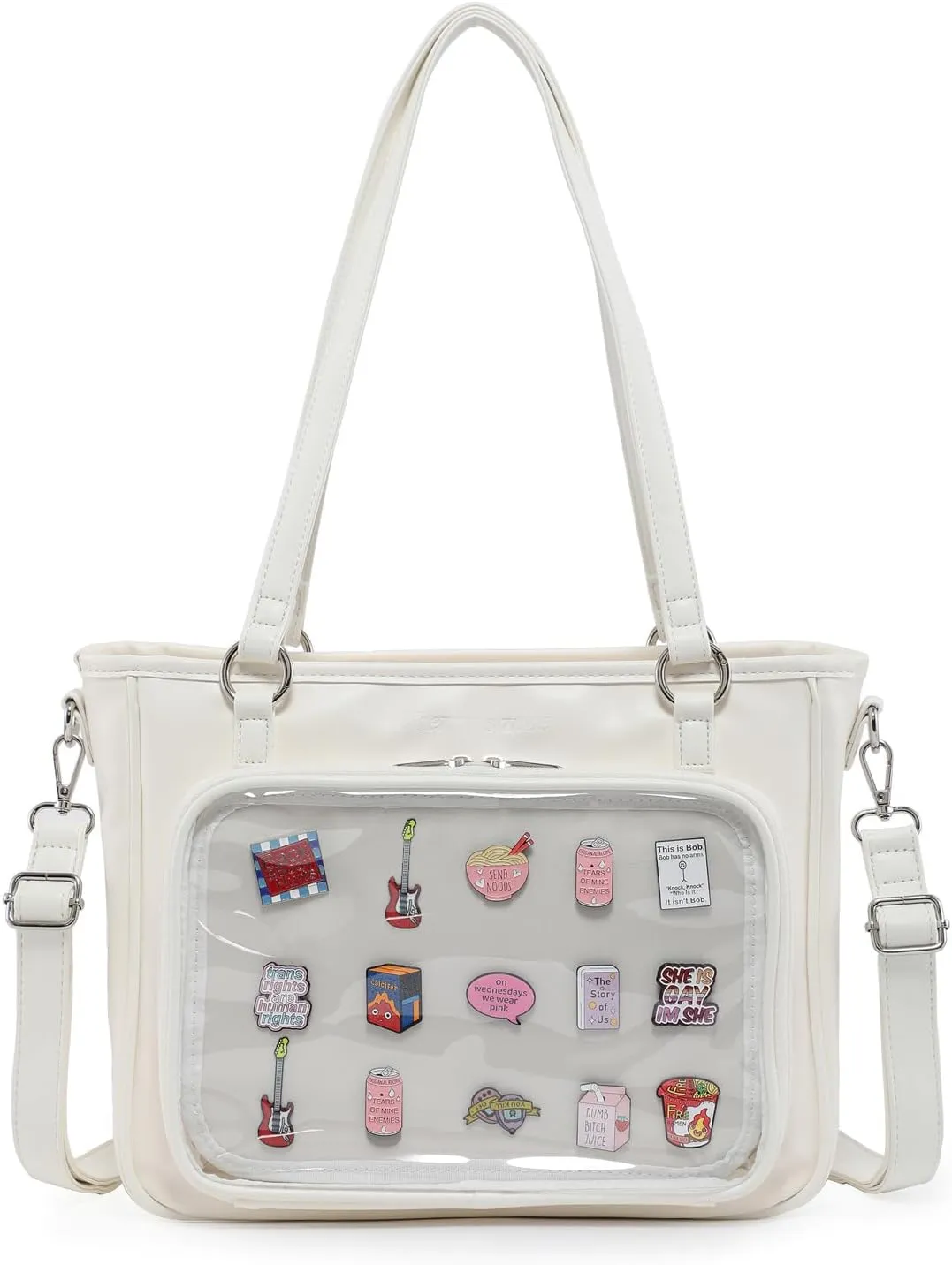 White Cartoon Women's Tote Handbag with Pin Display, 8 x 11.5 x 1 inches
