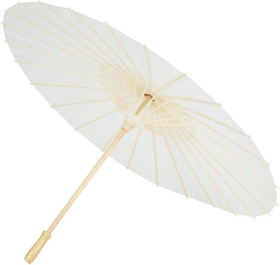 White Classical Dance Paraso Paper Parasol Rainproof Handmade Chinese Japanese Paper Umbrella Oiled Paper Umbrella Parasol for Wedding, Bridesmaids, Party Favors, Summer Sun Shade