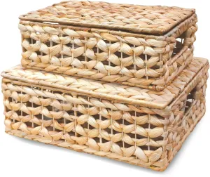 Wicker Storage Baskets with Lids - Set of 2 Rectangular Water Hyacinth Boxes, Natural Decor Organizer, Basket with Top, Multi-Use for Home and Shelf, Hyacinth Decorative Boxes for Effective Storage