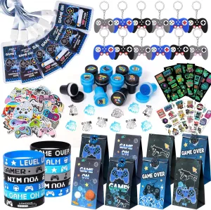 Winrayk Video Game Party Favors Gamer Birthday Party Supplies Kids, Gaming Gift Bag VIP Pass Silicone Wristband Glow Stickers Keychain Stamper, Game On Gamer Party Favors Boys Girls Goodie Bag Fillers