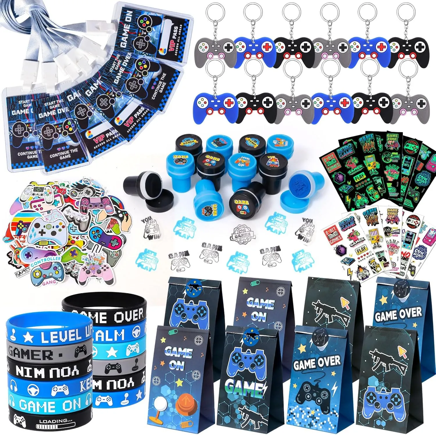 Winrayk Video Game Party Favors Gamer Birthday Party Supplies Kids, Gaming Gift Bag VIP Pass Silicone Wristband Glow Stickers Keychain Stamper, Game On Gamer Party Favors Boys Girls Goodie Bag Fillers