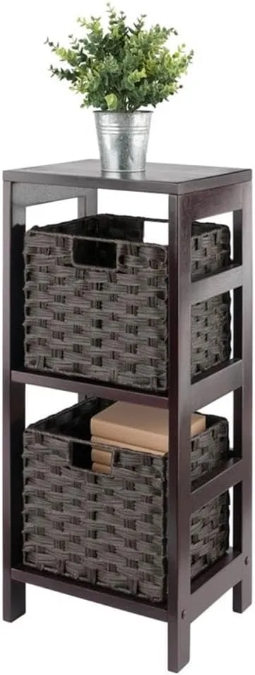 Winsome Leo 2-Tier Storage Shelf with 2 Foldable Woven Baskets, for Living Room, Home Office, Bedroom, Espresso