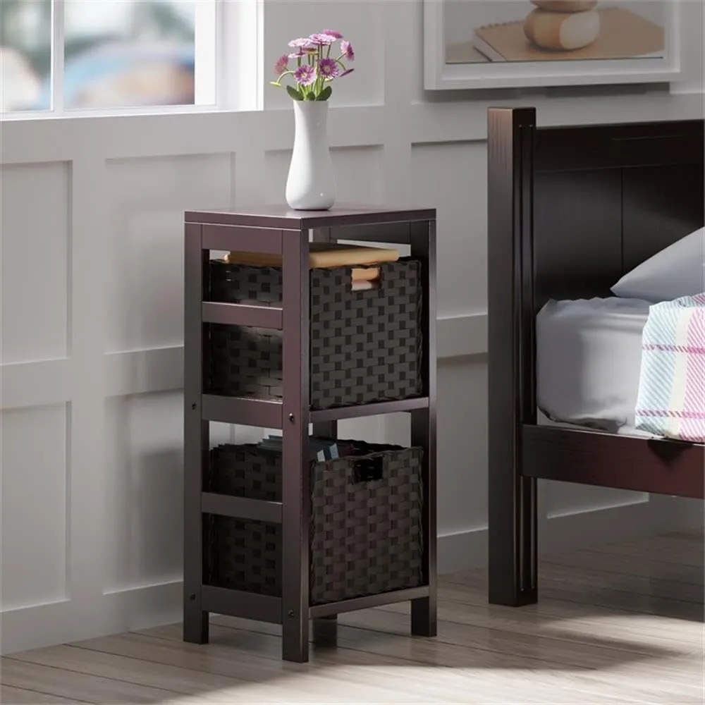 Winsome Leo 2-Tier Storage Shelf with 2 Foldable Woven Baskets, for Living Room, Home Office, Bedroom, Espresso