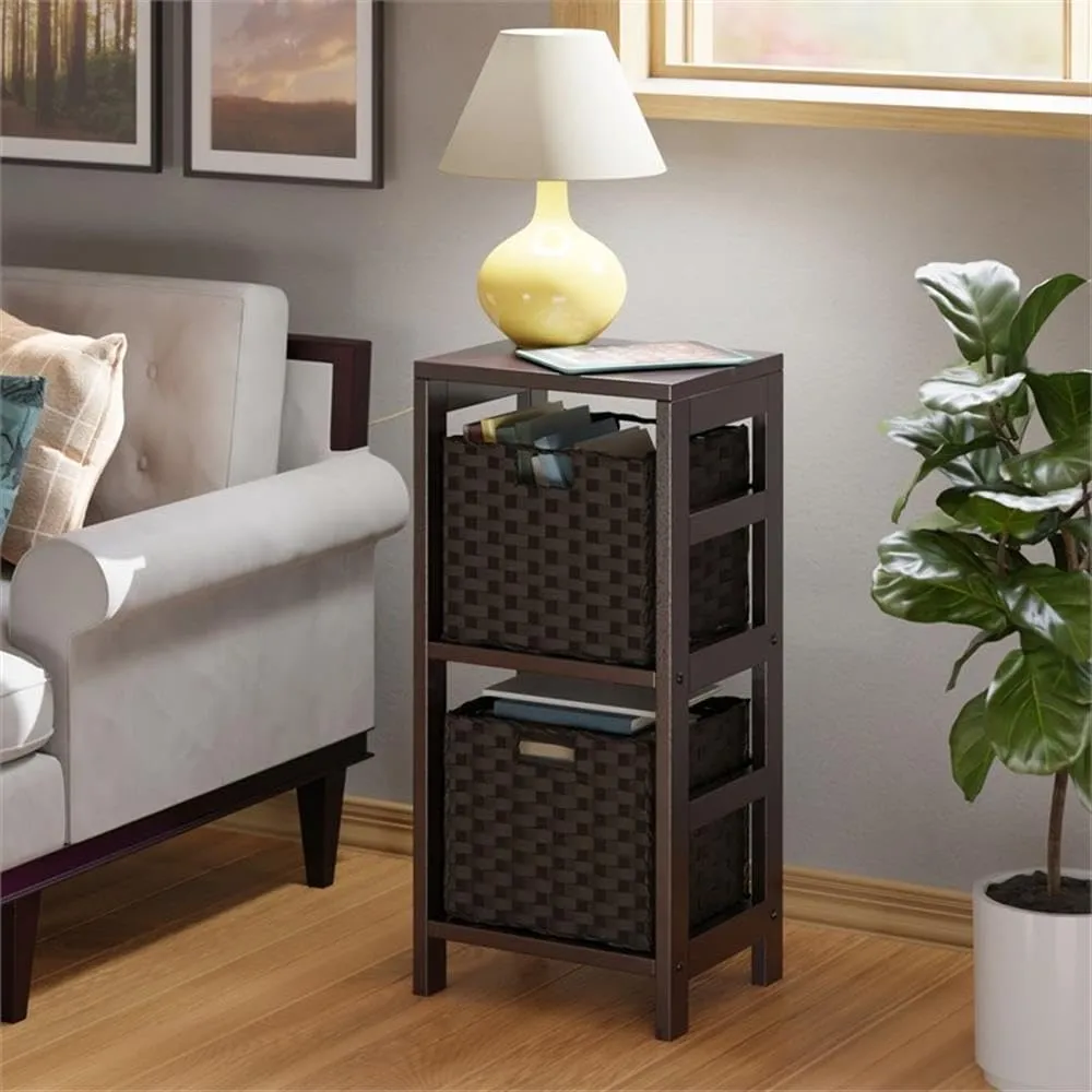 Winsome Leo 2-Tier Storage Shelf with 2 Foldable Woven Baskets, for Living Room, Home Office, Bedroom, Espresso