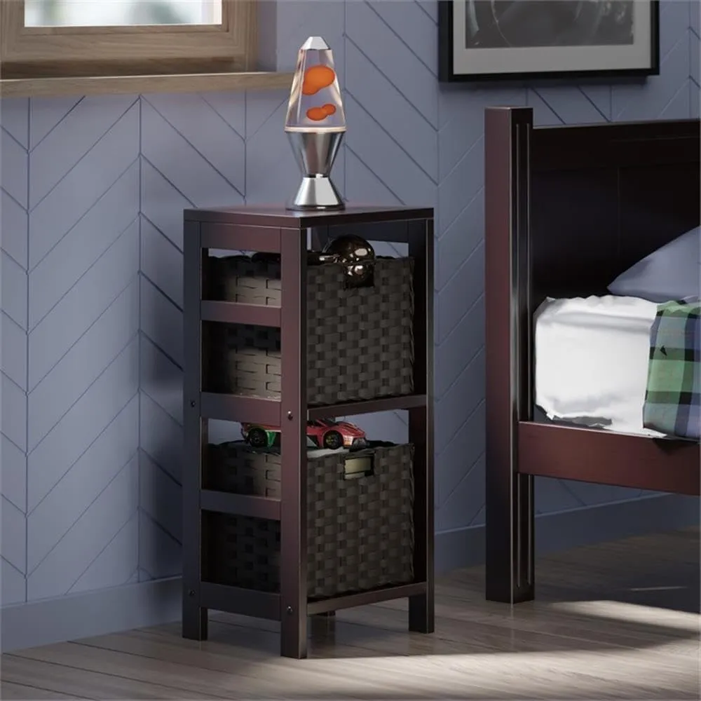 Winsome Leo 2-Tier Storage Shelf with 2 Foldable Woven Baskets, for Living Room, Home Office, Bedroom, Espresso