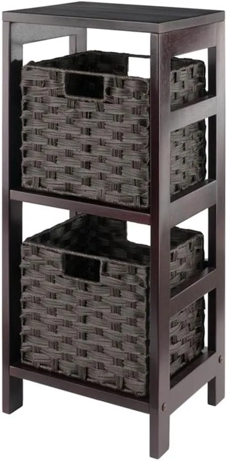 Winsome Leo 2-Tier Storage Shelf with 2 Foldable Woven Baskets, for Living Room, Home Office, Bedroom, Espresso