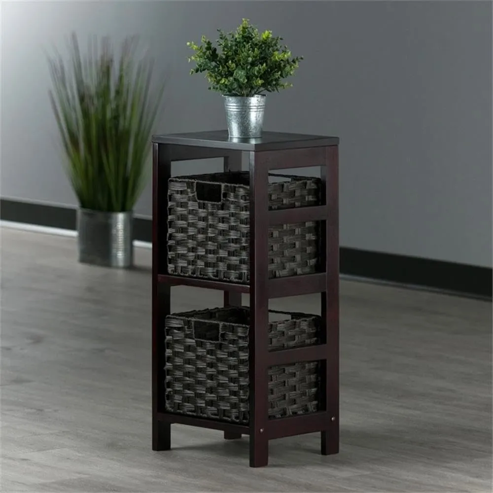 Winsome Leo 2-Tier Storage Shelf with 2 Foldable Woven Baskets, for Living Room, Home Office, Bedroom, Espresso