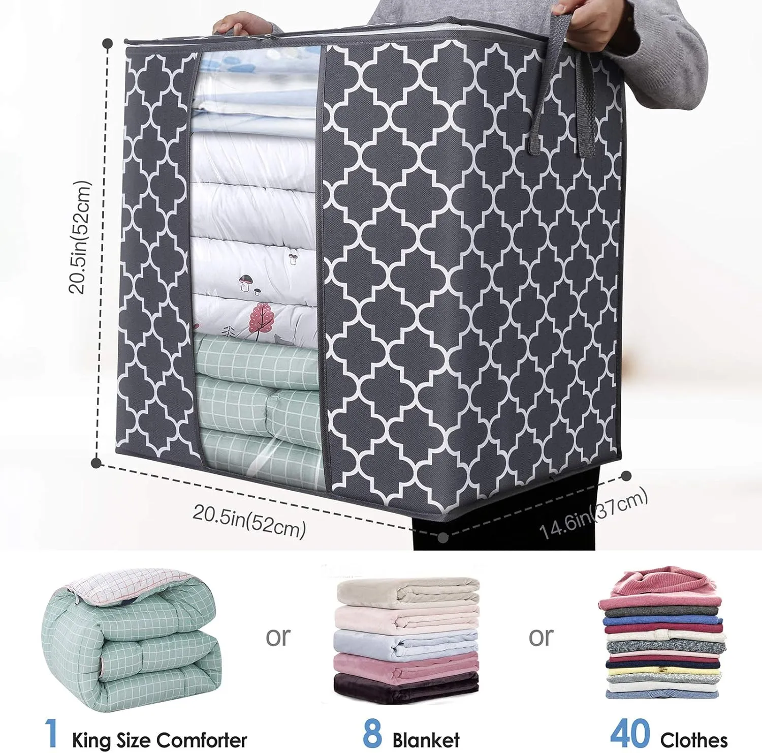 WISELIFE Storage Bags [3 Pack/100L] Large Blanket Clothes Organization and Storage Containers for Comforters,Bedding, Foldable Organizer with Reinforced Handle, Clear Window, Sturdy Zippers,Gray