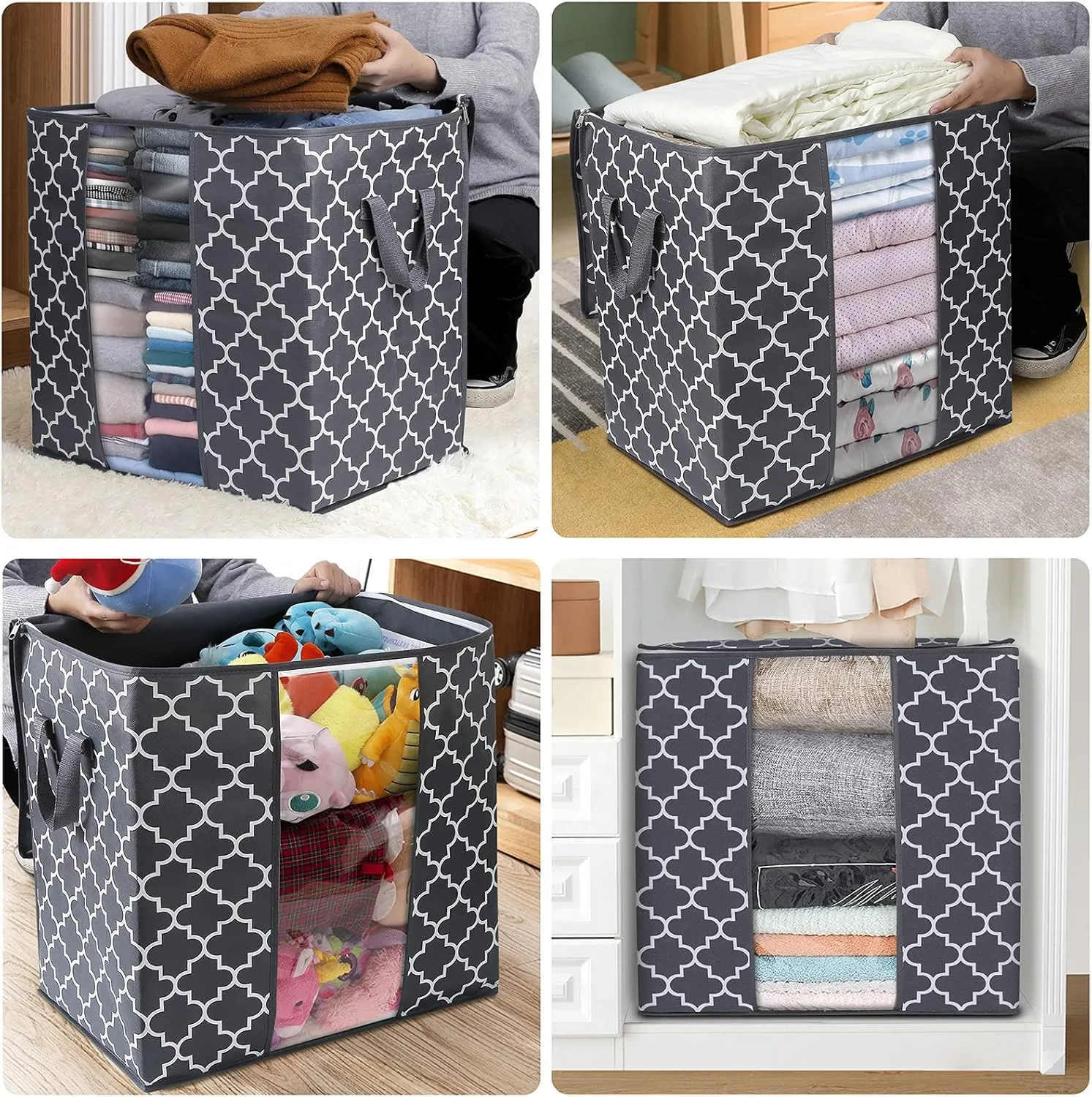 WISELIFE Storage Bags [6 Pack/100L] Large Blanket Clothes Organization and Storage Containers for Comforters,Bedding, Foldable Organizer with Reinforced Handle, Clear Window, Sturdy Zippers,Gray