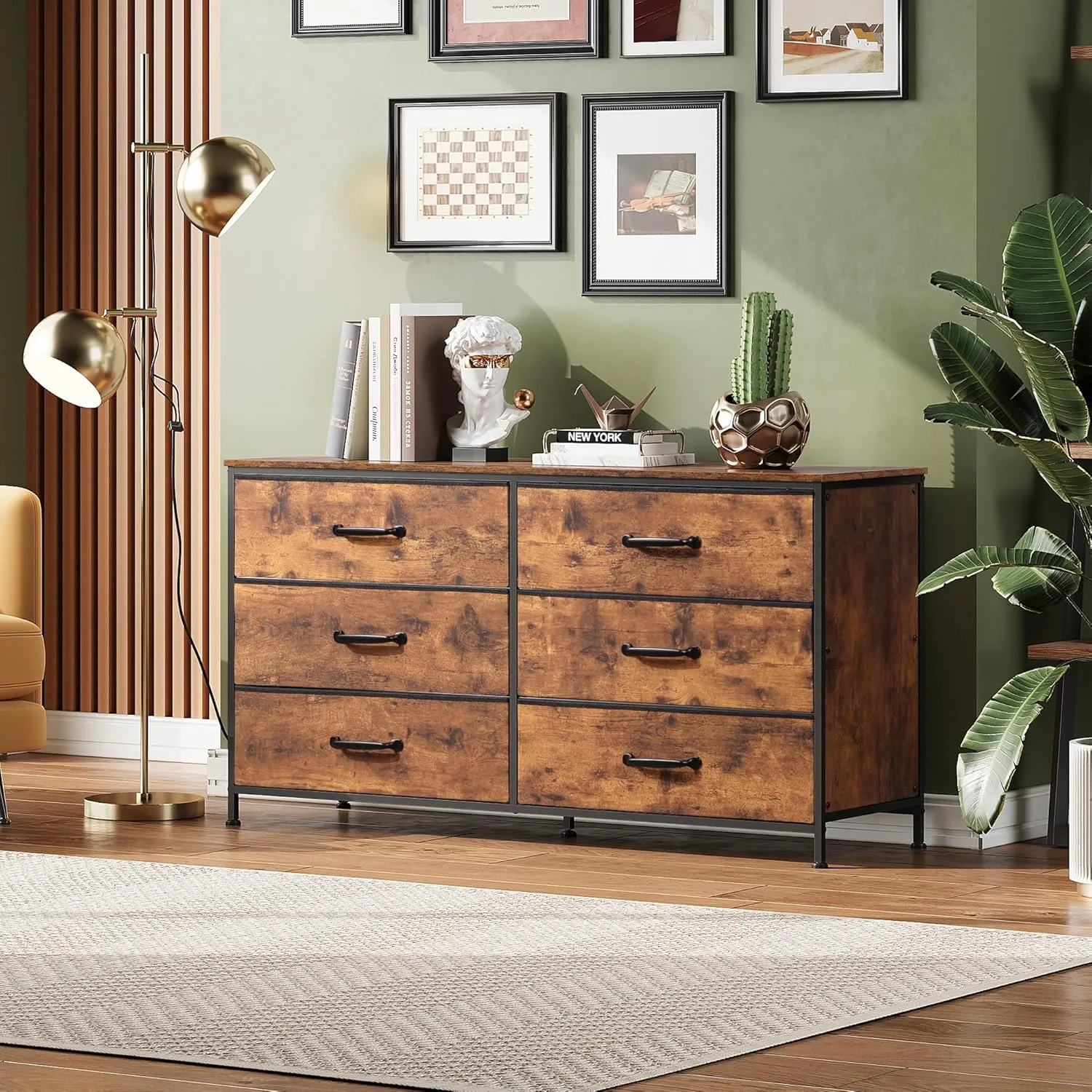 WLIVE 6 Drawer Dresser for Bedroom, Wide Fabric Dresser TV Stand for 60" TV, Large Storage Tower Unit with Fabric Bins for Bedroom, Closet, Hallway, Rustic Brown