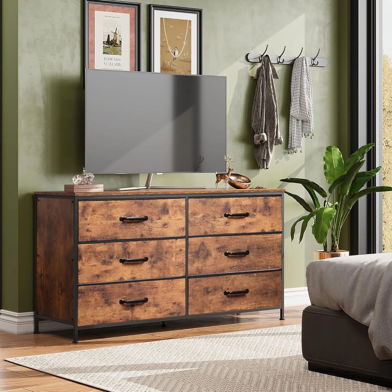 WLIVE 6 Drawer Dresser for Bedroom, Wide Fabric Dresser TV Stand for 60" TV, Large Storage Tower Unit with Fabric Bins for Bedroom, Closet, Hallway, Rustic Brown