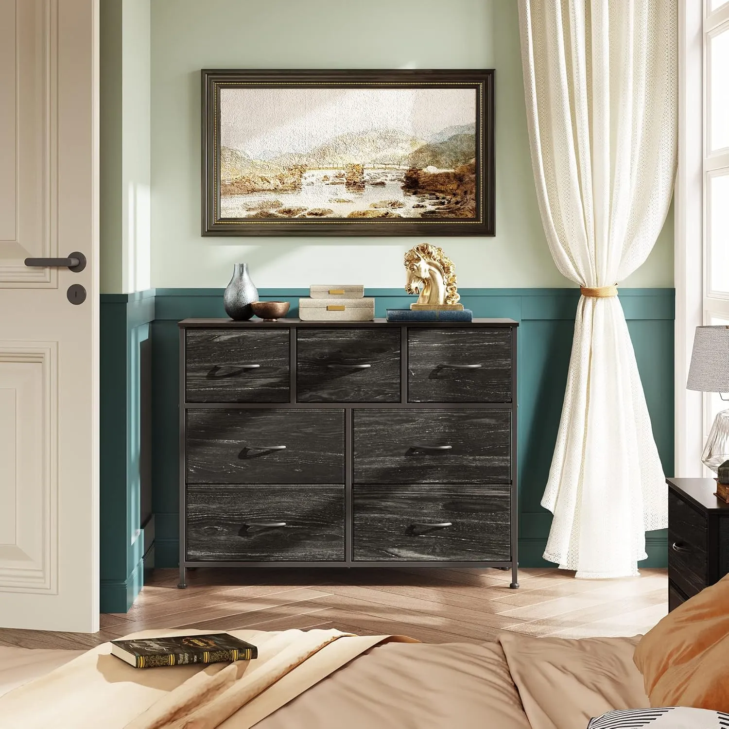 WLIVE 7 Drawer Dresser TV Stand, Entertainment Center, Media Console Table with Metal Frame and Wood Top for TV up to 45 inch, Chest of Drawers for Bedroom, Charcoal Black Wood Grain Print