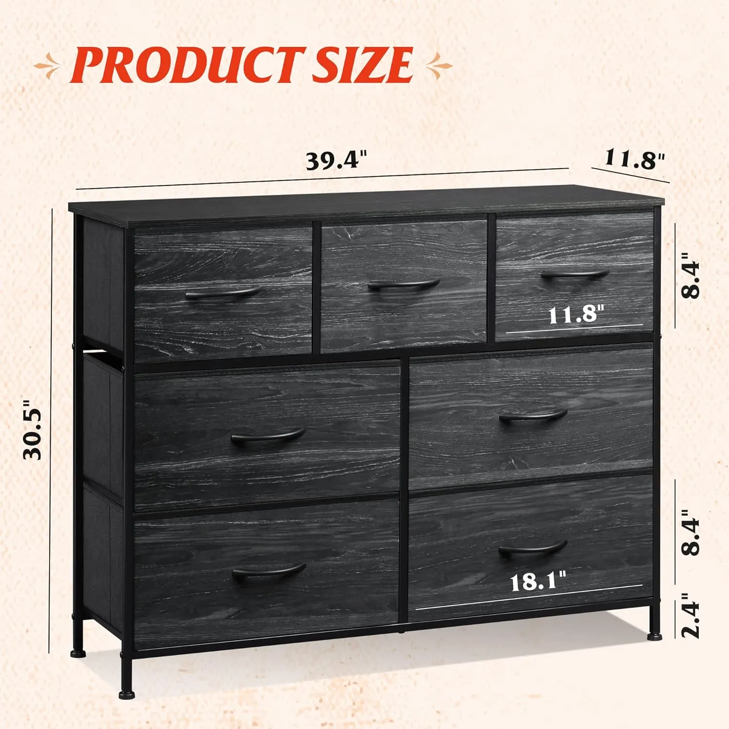 WLIVE 7 Drawer Dresser TV Stand, Entertainment Center, Media Console Table with Metal Frame and Wood Top for TV up to 45 inch, Chest of Drawers for Bedroom, Charcoal Black Wood Grain Print
