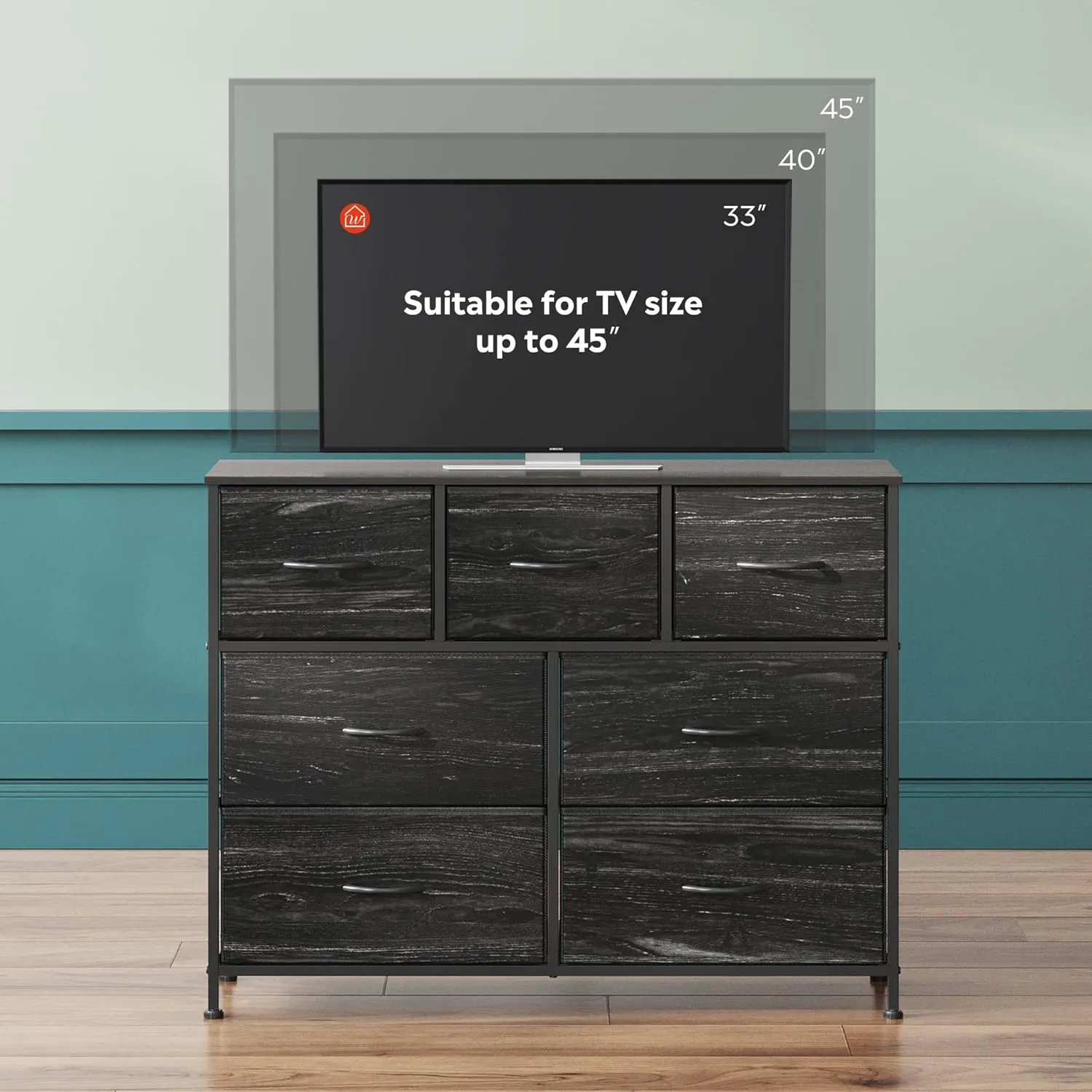 WLIVE 7 Drawer Dresser TV Stand, Entertainment Center, Media Console Table with Metal Frame and Wood Top for TV up to 45 inch, Chest of Drawers for Bedroom, Charcoal Black Wood Grain Print
