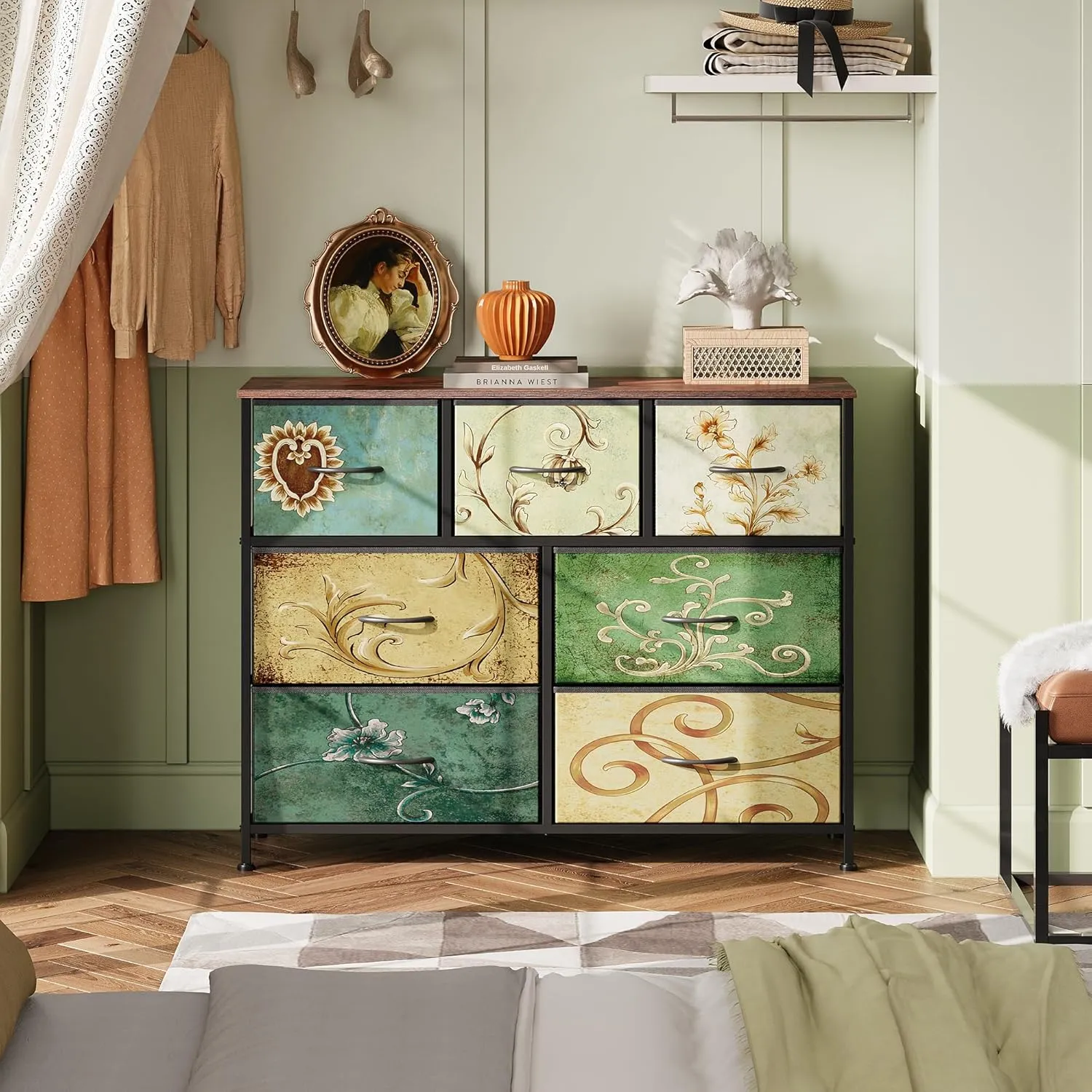 WLIVE 7 Drawer Dresser TV Stand, Entertainment Center, Media Console Table with Metal Frame and Wood Top for TV up to 45 inch, Chest of Drawers for Bedroom, Living Room, Floral Painted