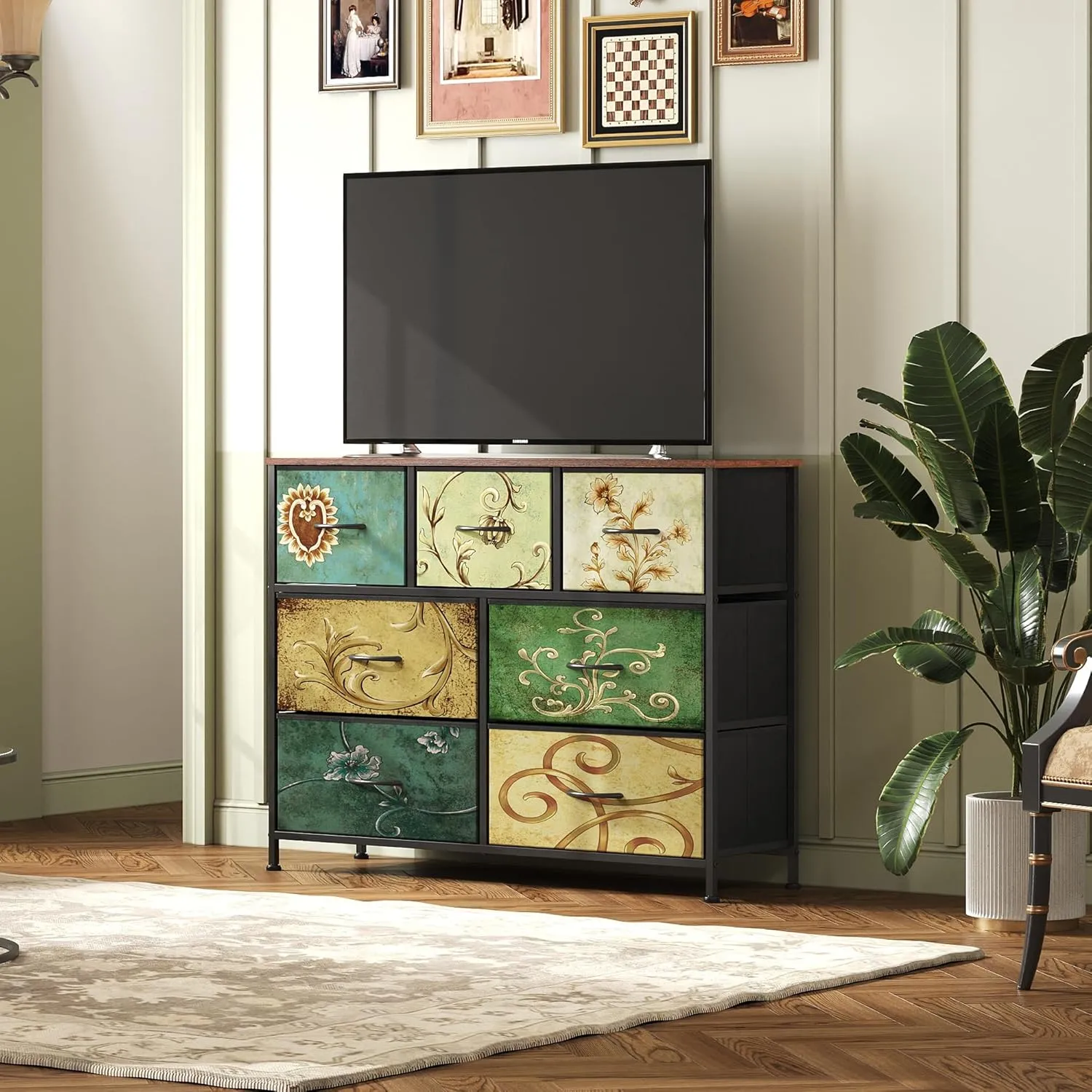 WLIVE 7 Drawer Dresser TV Stand, Entertainment Center, Media Console Table with Metal Frame and Wood Top for TV up to 45 inch, Chest of Drawers for Bedroom, Living Room, Floral Painted