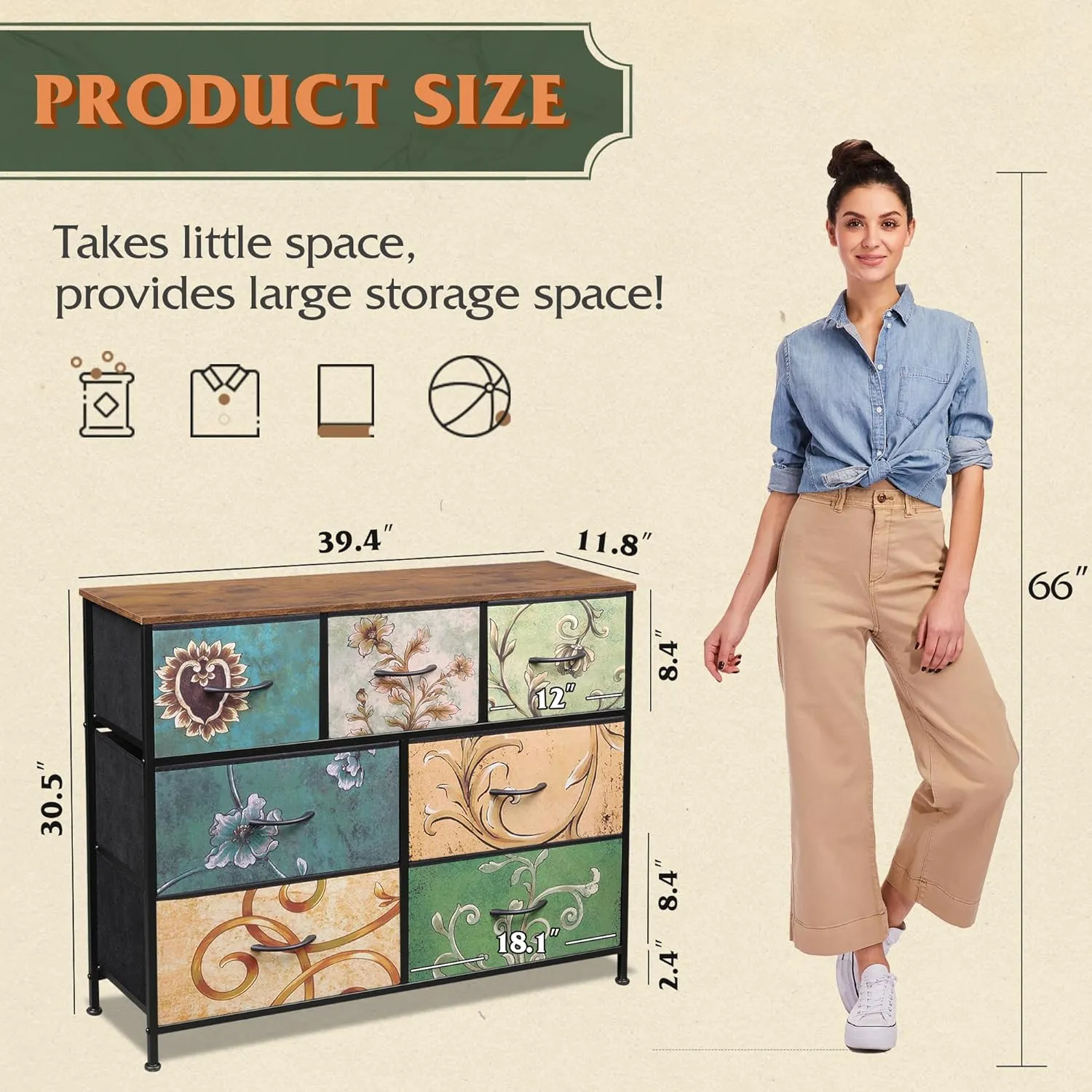 WLIVE 7 Drawer Dresser TV Stand, Entertainment Center, Media Console Table with Metal Frame and Wood Top for TV up to 45 inch, Chest of Drawers for Bedroom, Living Room, Floral Painted