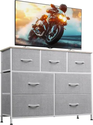 WLIVE 7 Drawer Dresser TV Stand, Entertainment Center, Media Console Table with Metal Frame and Wood Top for TV up to 45 inch, Chest of Drawers for Bedroom, Living Room, Light Grey