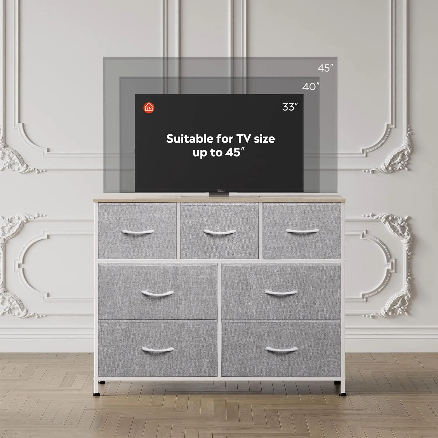 WLIVE 7 Drawer Dresser TV Stand, Entertainment Center, Media Console Table with Metal Frame and Wood Top for TV up to 45 inch, Chest of Drawers for Bedroom, Living Room, Light Grey