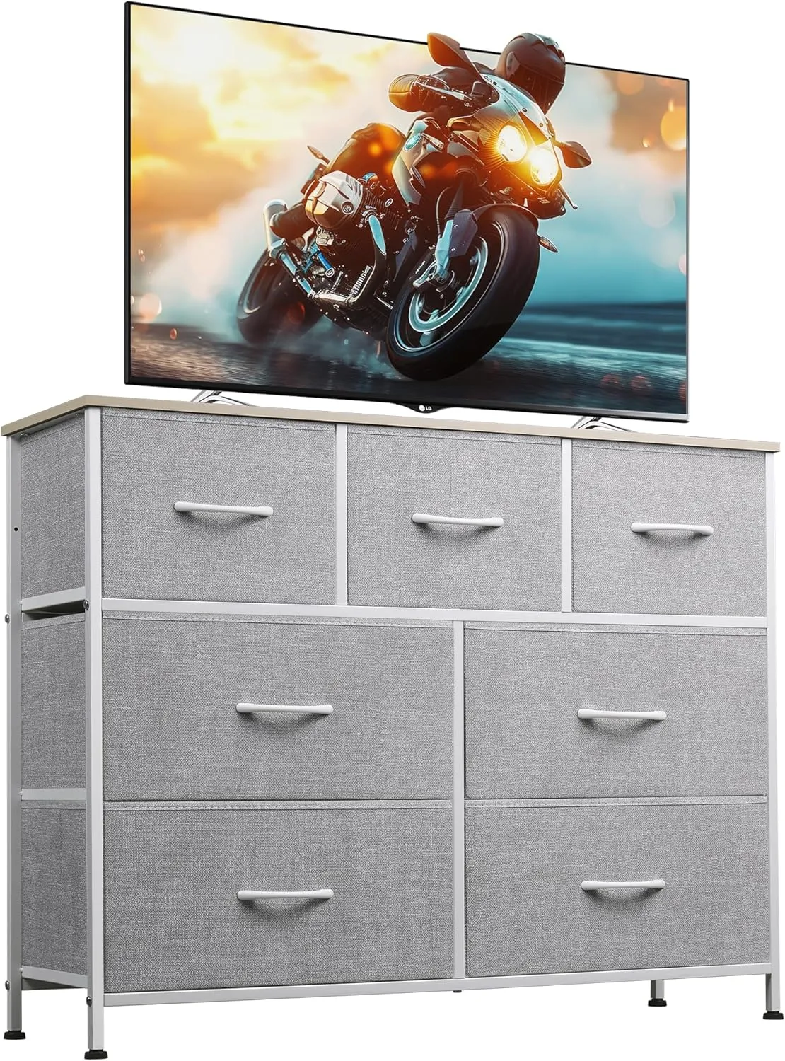 WLIVE 7 Drawer Dresser TV Stand, Entertainment Center, Media Console Table with Metal Frame and Wood Top for TV up to 45 inch, Chest of Drawers for Bedroom, Living Room, Light Grey