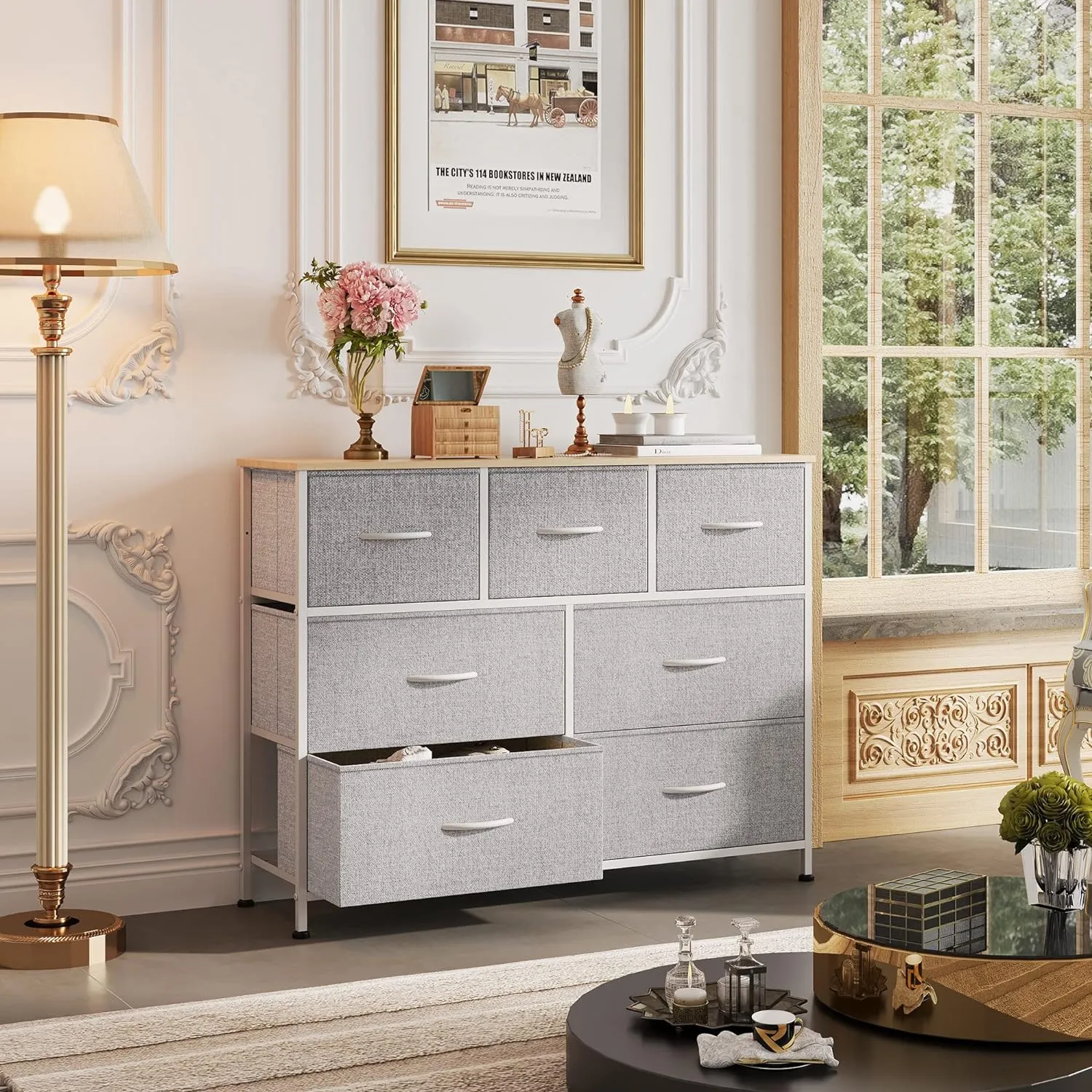 WLIVE 7 Drawer Dresser TV Stand, Entertainment Center, Media Console Table with Metal Frame and Wood Top for TV up to 45 inch, Chest of Drawers for Bedroom, Living Room, Light Grey