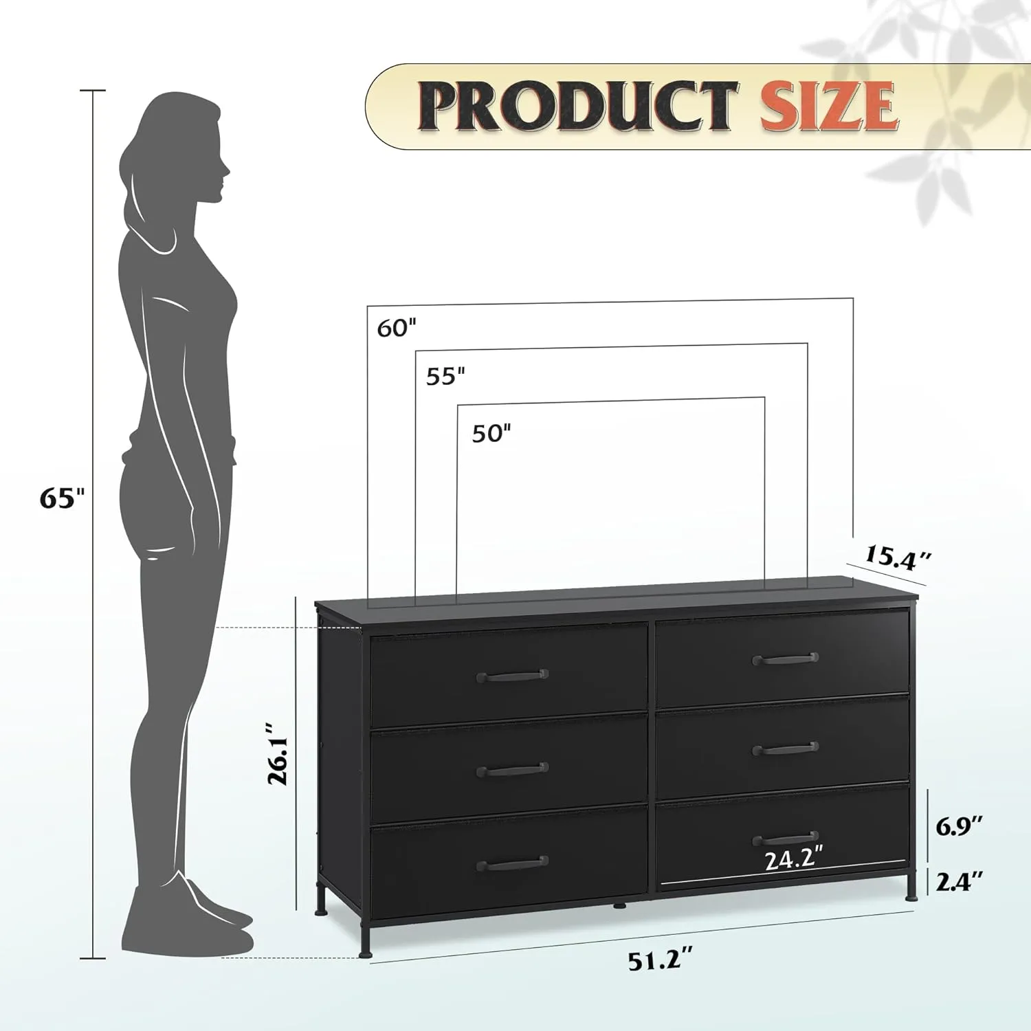 WLIVE Black Dresser for Bedroom, Wide Fabric 6 Drawer Dresser TV Stand for 60" TV, Large Storage Tower Unit with Fabric Bins, Chest of Drawers for Living Room, Closet, Hallway