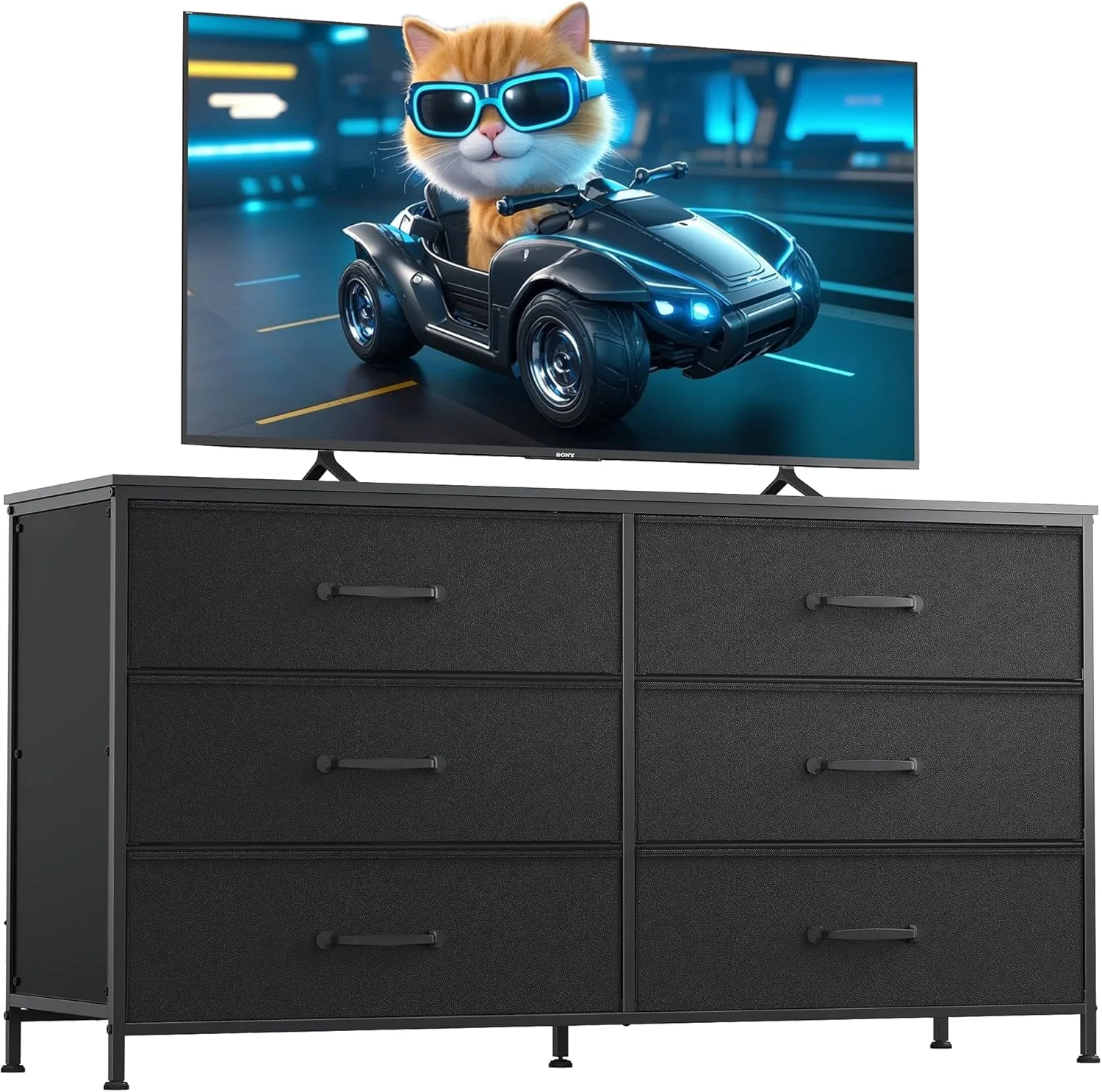 WLIVE Black Dresser for Bedroom, Wide Fabric 6 Drawer Dresser TV Stand for 60" TV, Large Storage Tower Unit with Fabric Bins, Chest of Drawers for Living Room, Closet, Hallway