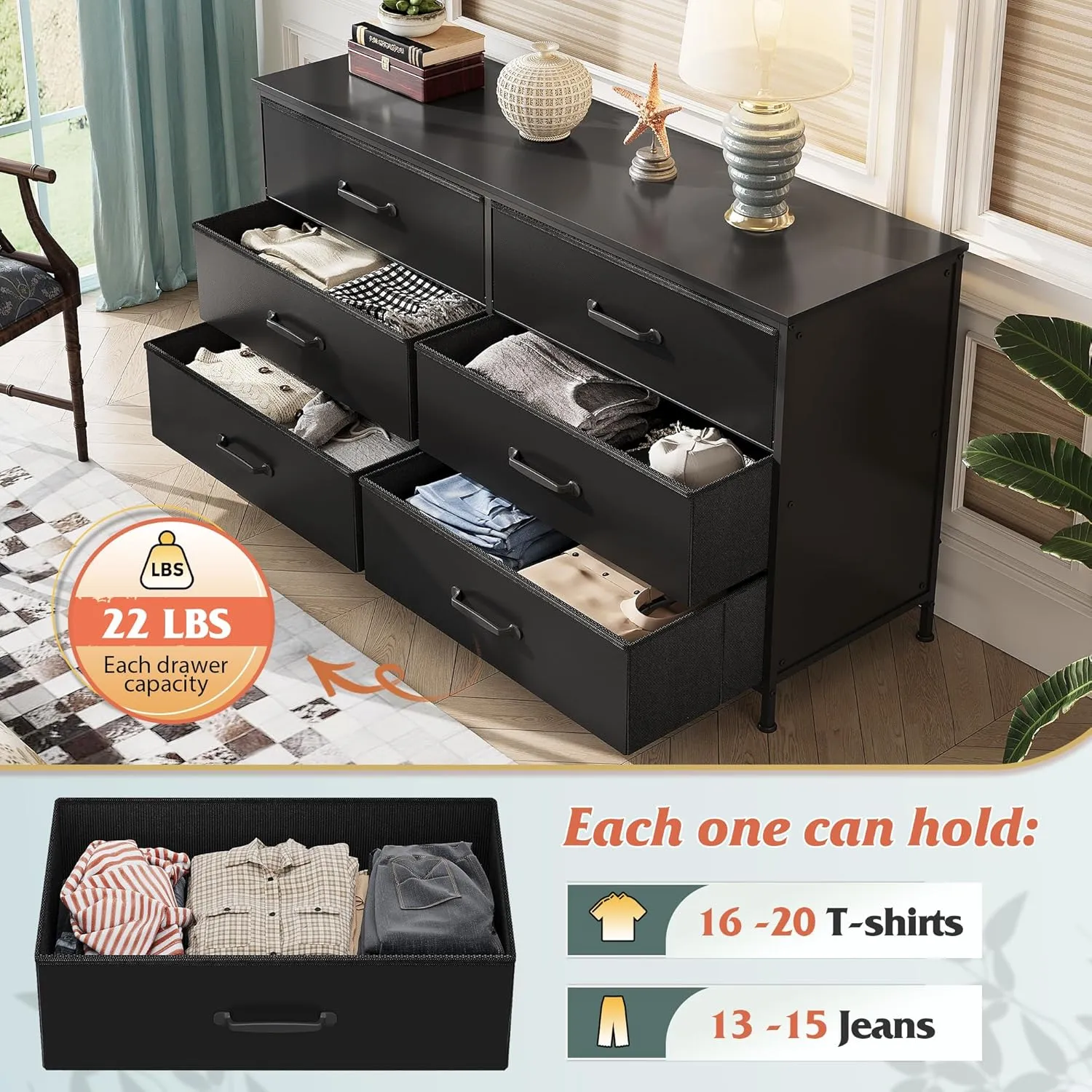 WLIVE Black Dresser for Bedroom, Wide Fabric 6 Drawer Dresser TV Stand for 60" TV, Large Storage Tower Unit with Fabric Bins, Chest of Drawers for Living Room, Closet, Hallway