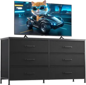 WLIVE Black Dresser for Bedroom, Wide Fabric 6 Drawer Dresser TV Stand for 60" TV, Large Storage Tower Unit with Fabric Bins, Chest of Drawers for Living Room, Closet, Hallway