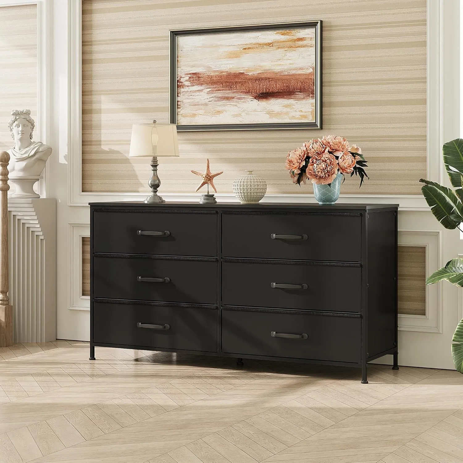 WLIVE Black Dresser for Bedroom, Wide Fabric 6 Drawer Dresser TV Stand for 60" TV, Large Storage Tower Unit with Fabric Bins, Chest of Drawers for Living Room, Closet, Hallway